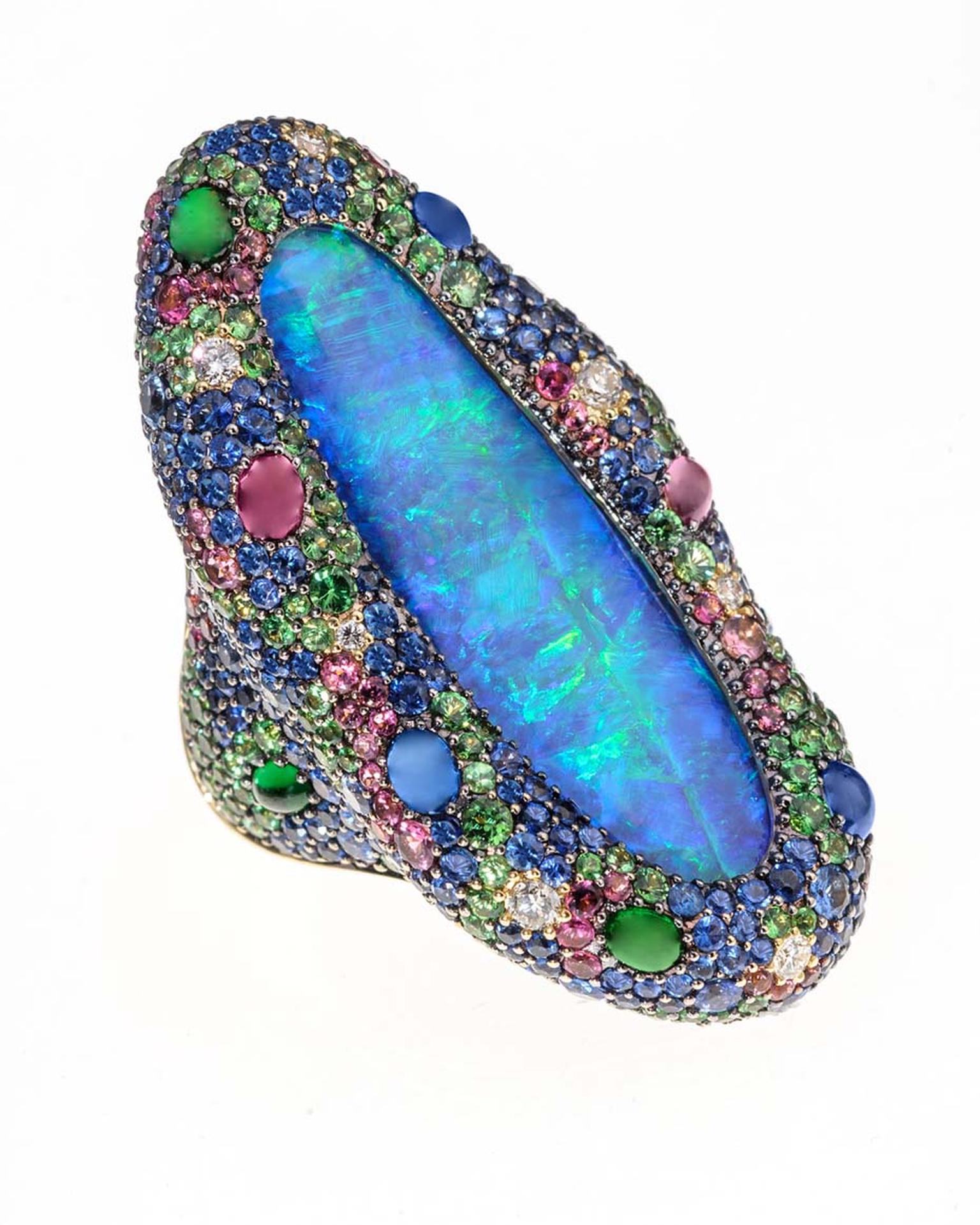 Margot McKinney Solid Natural Boulder opal ring with a central 24.05ct opal from the Lightning Ridge mine in McKinney’s native Australia, which is renowned for its opals.