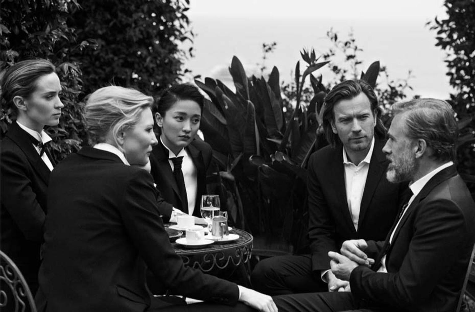 A-list actresses and actors Cate Blanchett, Emily Blunt, Zhou Xun, Ewan McGregor and Chrisoph Waltz mid-conversation in Portofino, Italy, during the Peter Lindbergh shoot.