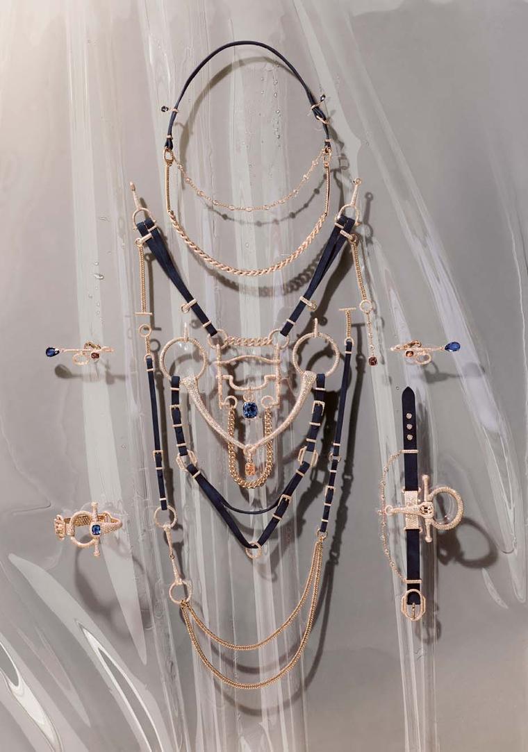Pierre Hardy has turned suede straps, a bit, noseband, snaffle, headstall and even a throat-latch into golden, diamond-set jewels in the new Hermès Brides de Gala collection.