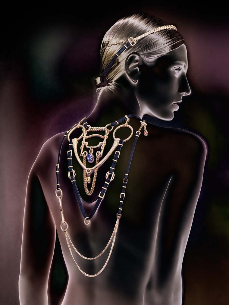 Hermès' new Brides de Gala jewels can be worn in different ways - draped down the back like a scarf, layered or single or strapped around the head. Removed from the horse, the bridle now rests languidly, ready to drape on the body.