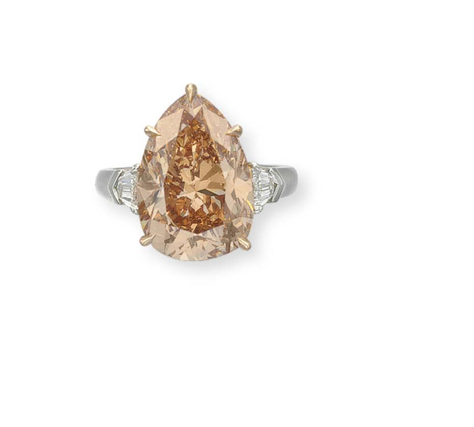 Christie's New York pear-shaped 9.73ct Fancy Brown-Pink Diamond ring with a pre-sale estimate of US$480,000-700,000 sold for a very respectable US$605,000.