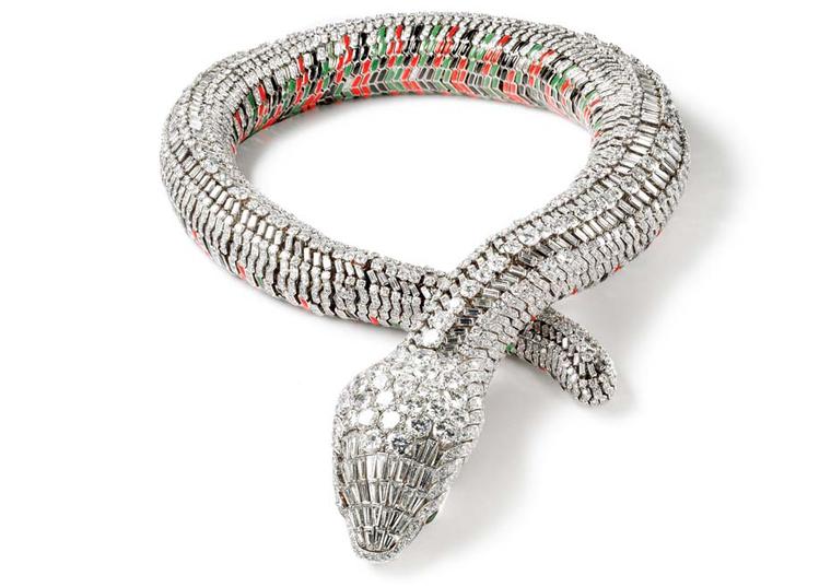 María Félix's Snake necklace, created by Cartier in 1968. The lifelike serpent took two years to make and is set with 2,473 brilliant and baguette-cut diamonds.