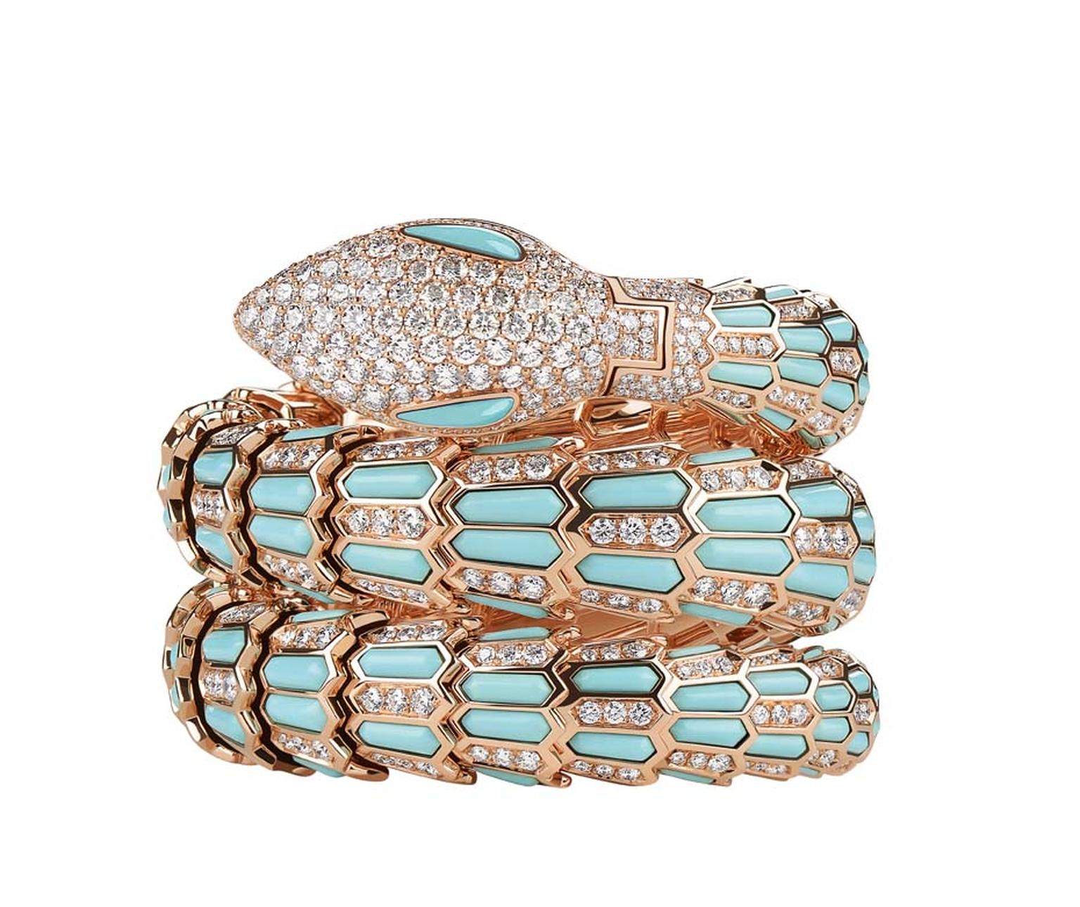 Bulgari Serpenti high jewellery snake watch in rose gold with diamonds and turquoise. Telegraph Time editor Caragh McKay, curator of the exhibition, describes the creativity, vision and skill currently seen in the world of high jewellery watch design as “