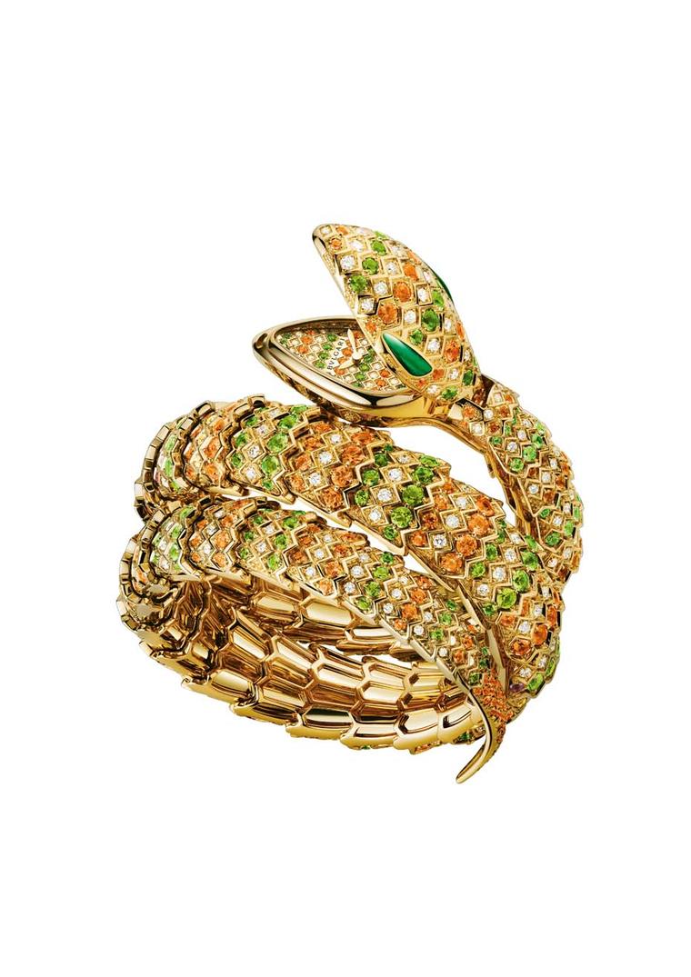 Bulgari Serpenti double spiral bracelet watch with a yellow gold case, set with brilliant-cut diamonds, spessartites, tsavorites and malachite.