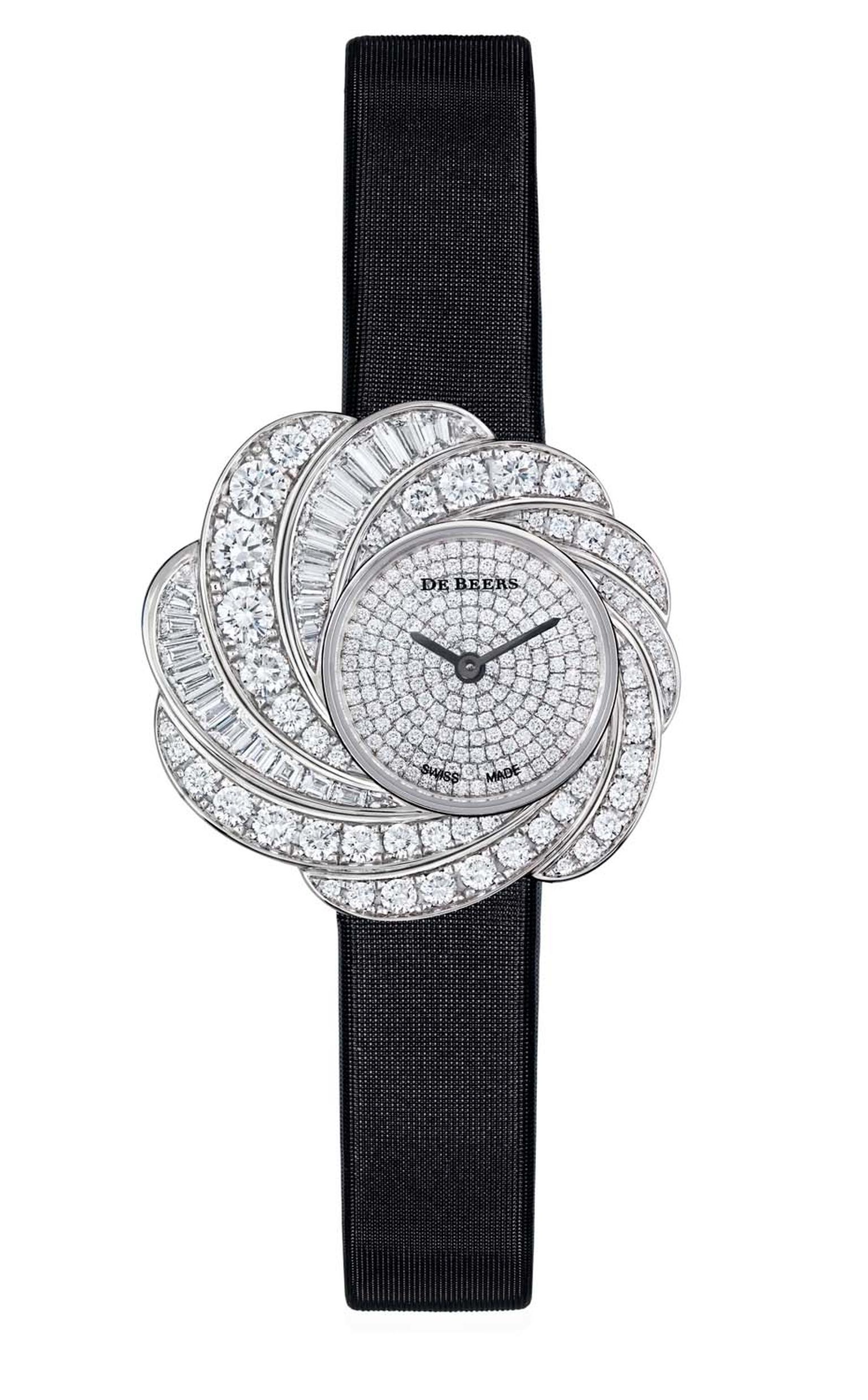 De Beers Aria diamond watch set with round brilliant and baguette-cut diamonds totalling 4.35ct in white gold, with a fully diamond paved dial and black satin strap.