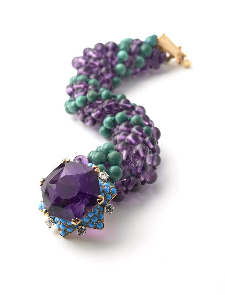 Cartier bracelet that once belonged to the Duke and Duchess of Windsor featuring amethyst, turquoise and diamonds. Exhibited by Hancocks.