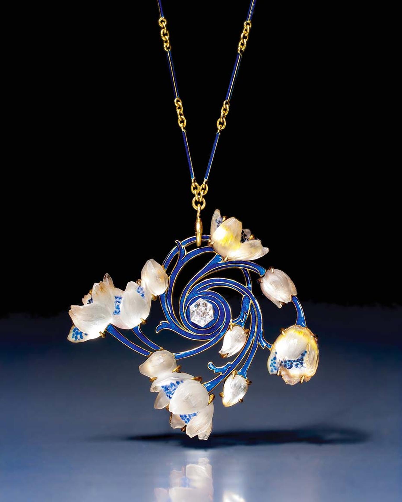 Art Nouveau gold, enamel, glass and diamond wood anemone pendant/brooch by René Lalique. Exhibited by Epoque Fine Jewels.