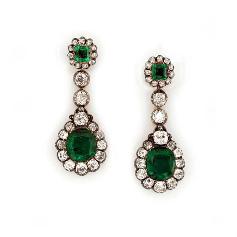 19th century emerald and diamond cluster pendant earrings, exhibited by Shrubsole.