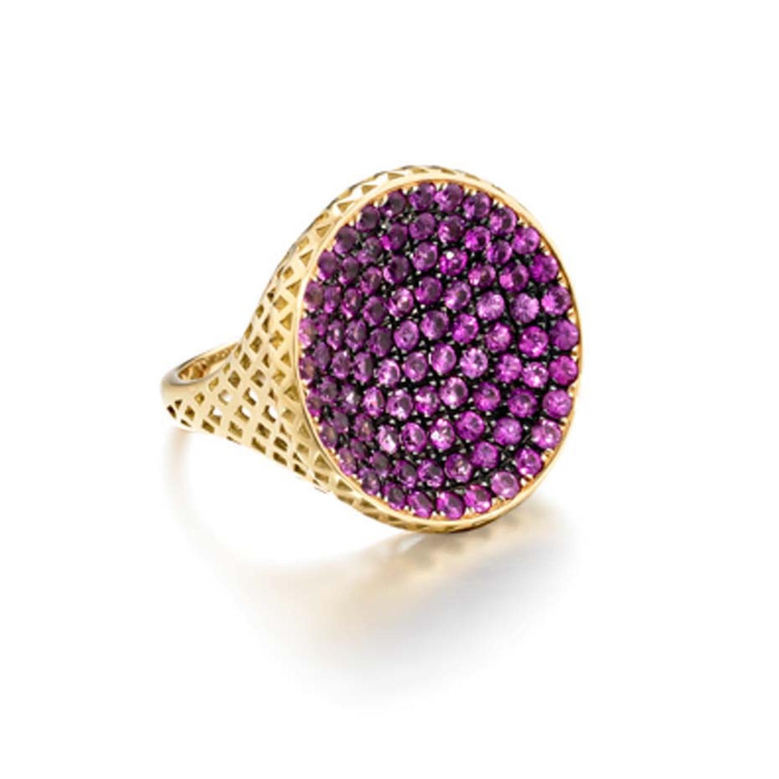 Ray Griffiths yellow gold crownwork Signet ring set with 3.50ct of pavé rubies.