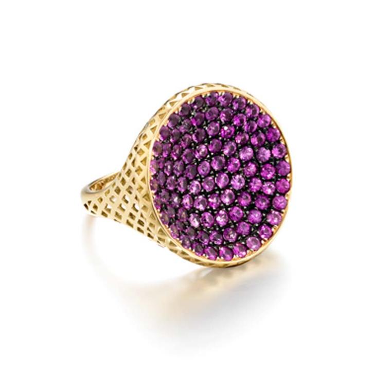 Ray Griffiths yellow gold crownwork Signet ring set with 3.50ct of pavé rubies.