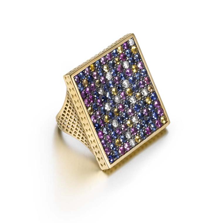 Ray Griffiths one-of-a-kind yellow gold square crownwork Disco ring with pavé diamonds and 6.30ct of multi-colored sapphires set in oxidized silver.
