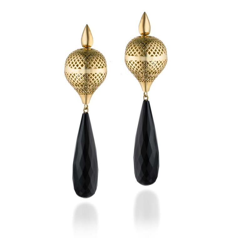 Ray Griffiths one-of-a-kind yellow gold finial hook earrings with black onyx drops.