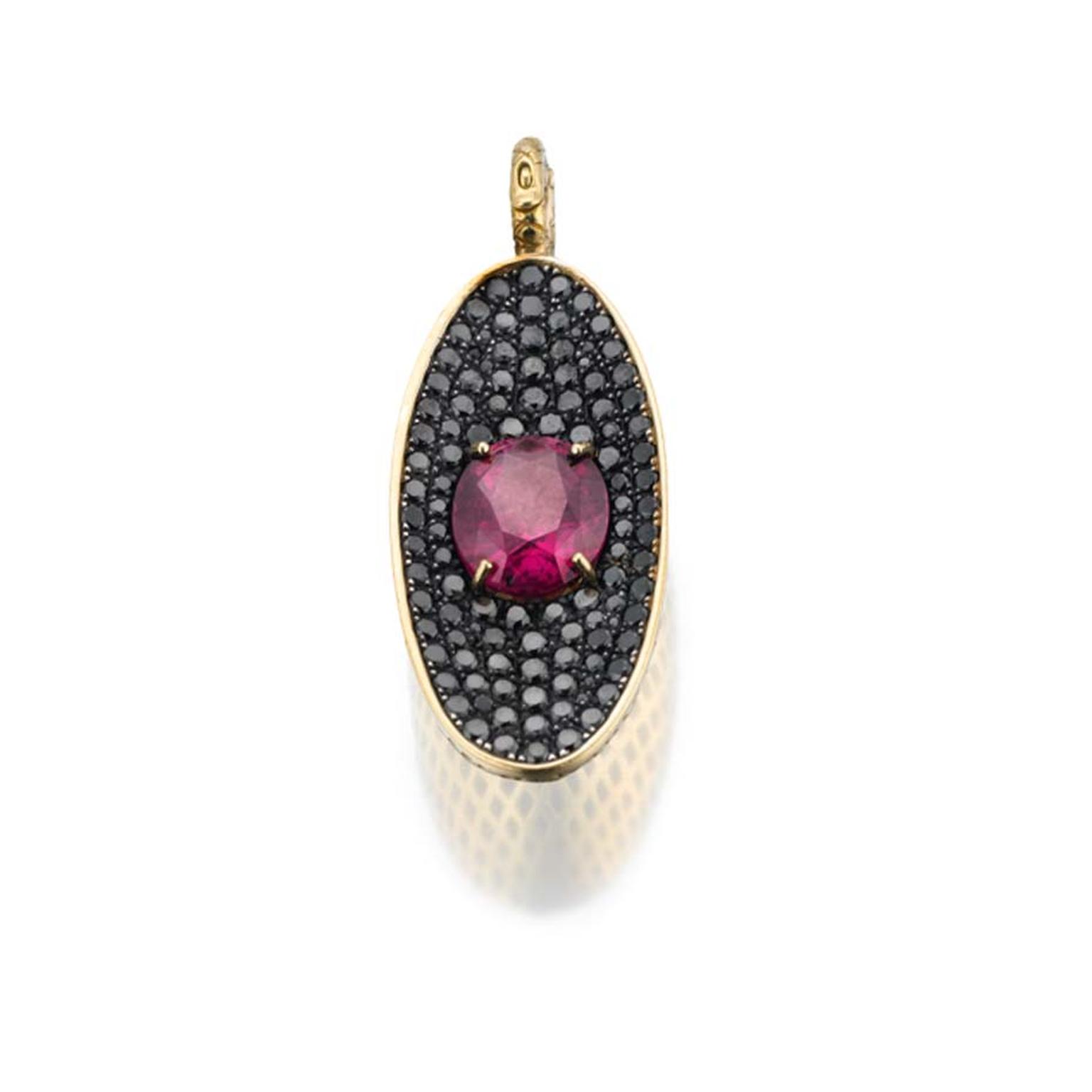 Ray Griffiths yellow gold crownwork elongated pendant with pavé black diamonds surrounding 7.65ct of rhodolite garnet.