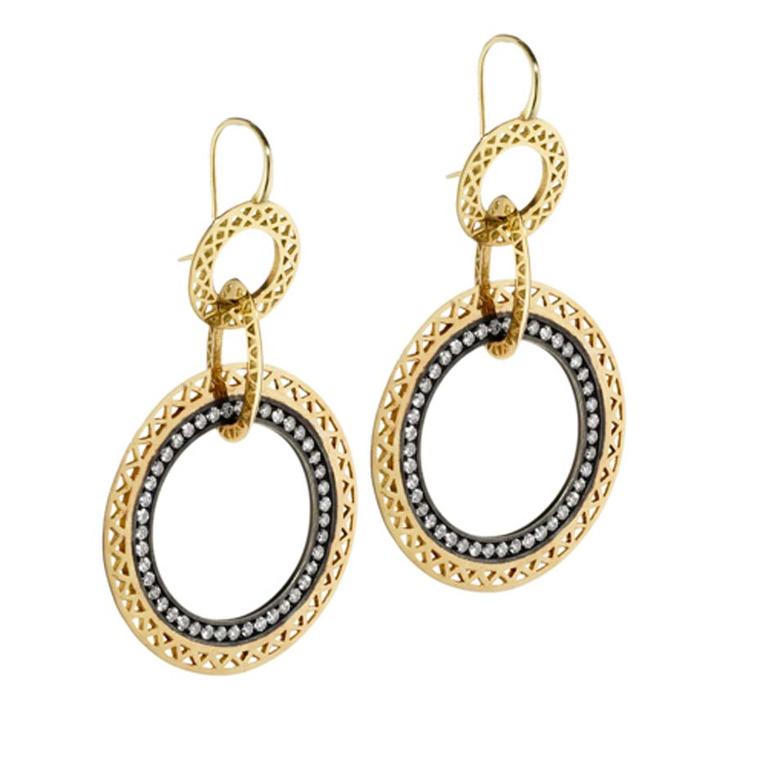 Ray Griffiths yellow gold crownwork Gypsy hoop multi-drop earrings with a pavé diamond center set in oxidized silver.