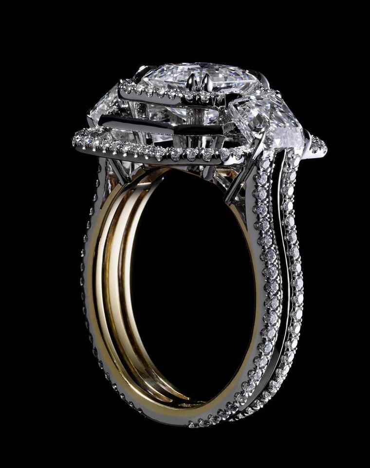 Alexandra Mor Signature three-stone Asscher-cut diamond ring.