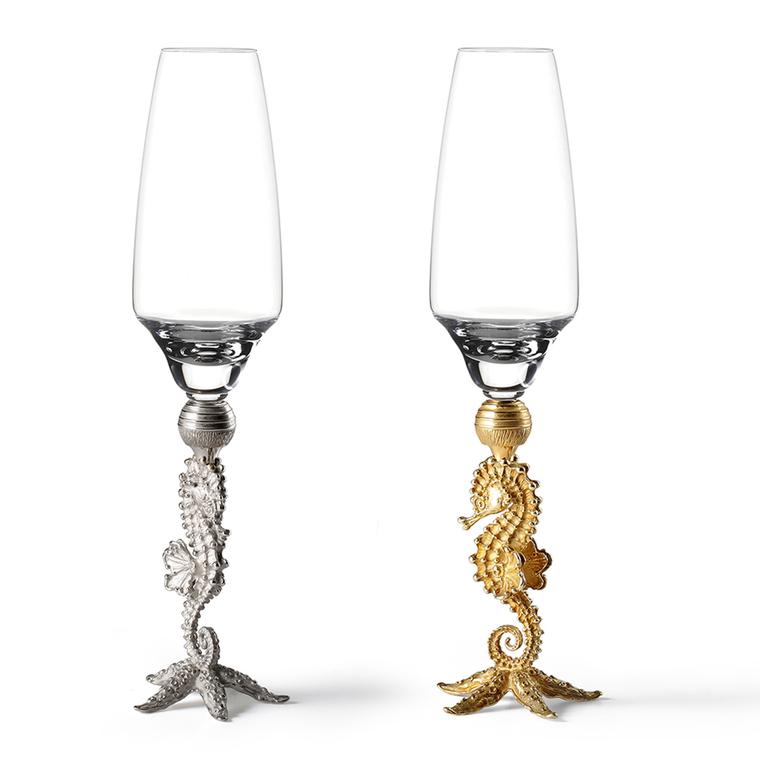 Massimo Izzo gold Seahorse champagne flutes, from the Jewels of the Sea collection.