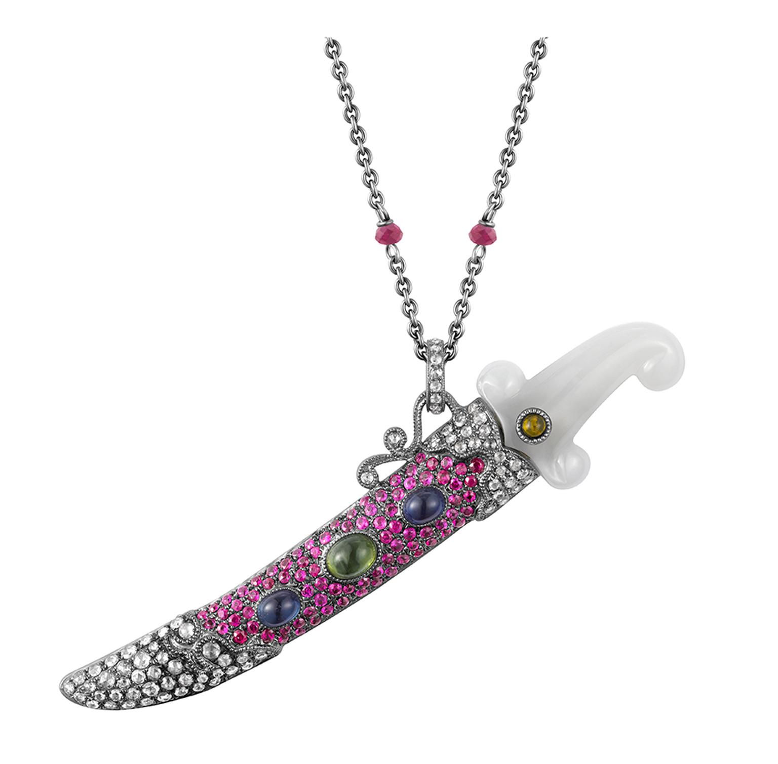 Dickson Yewn Imperial Sword & Amulet collection pendants, set with jade, rubies, sapphires and other precious stones.
