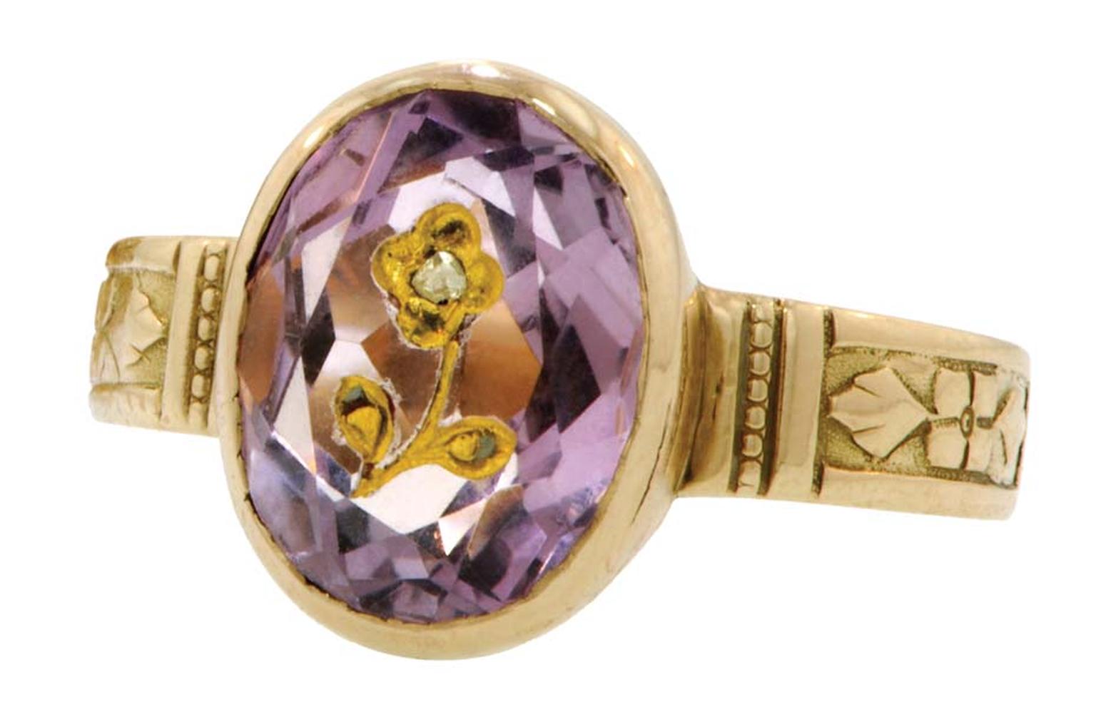 Forget-Me-Not gold ring with amethysts and diamonds, circa 1876.