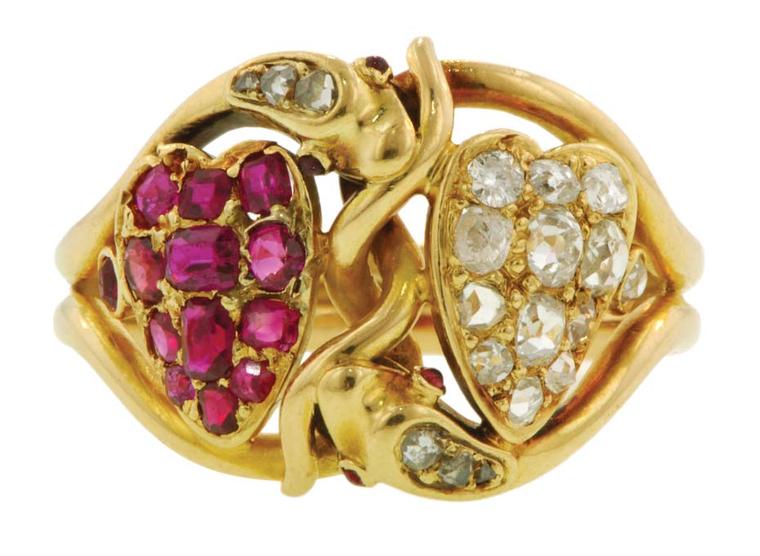 Twin Heart Snake ring featuring ruby and diamond hearts set within a pair of coiled snakes, circa 1880. From the private collection of Elizabeth Doyle.