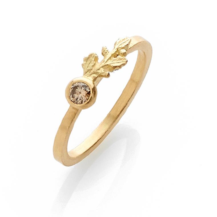 Beth Gilmour engagement ring in yellow gold with a minx brown diamond and leaf motif.