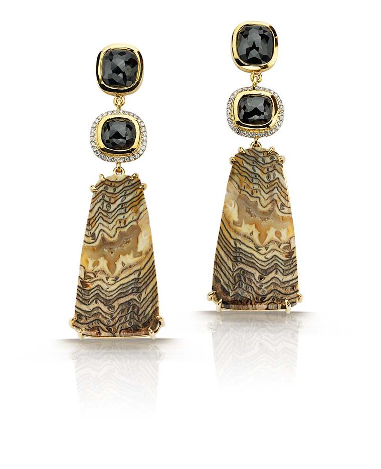 Pamela Huizenga gold earrings with fossilized Sequoia, 8.68ct rose-cut black diamonds and full-cut white diamonds ($11,200).