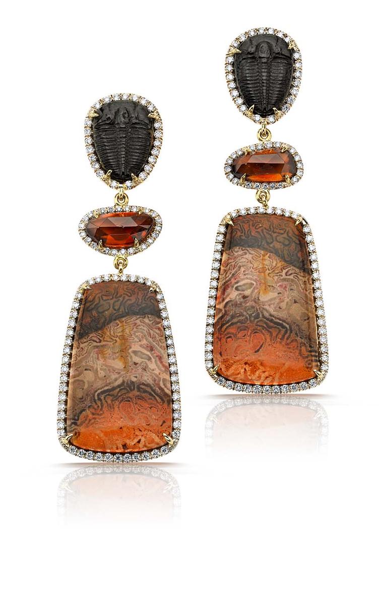 Pamela Huizenga earrings with fossil trilobites and 4.47ct of pink zircon and 23.48ct of xaxim, all surrounded by diamond pavé ($15,600).
