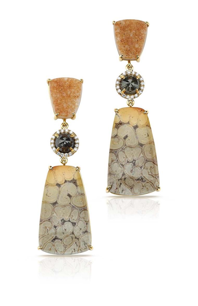 Pamela Huizenga earrings with fossilized coral, sapphires and diamond pavé.