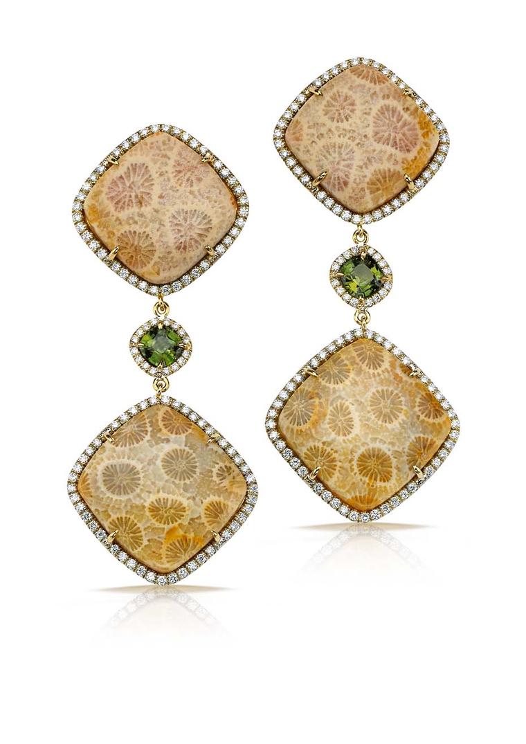 Pamela Huizenga earrings with 37.45ct of fossilized coral and green sapphires, all surrounded by a diamond pavé frame ($17,200).