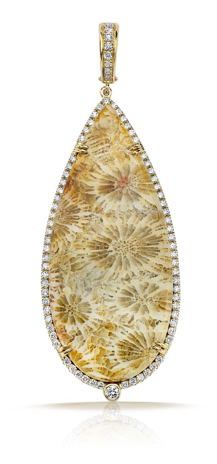 Pamela Huizenga gold pendant with 43.51ct of fossilzed coral outlined in a diamond pavé ($12,000).