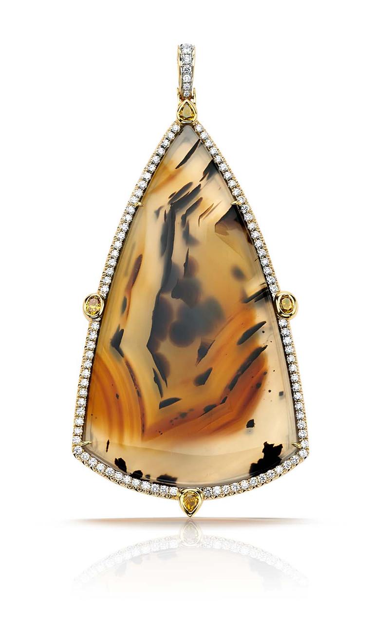 Pamela Huizenga gold pendant with an 82.70ct triangular Montana agate and a diamond pavé frame and four fancy colored diamonds ($23,500).