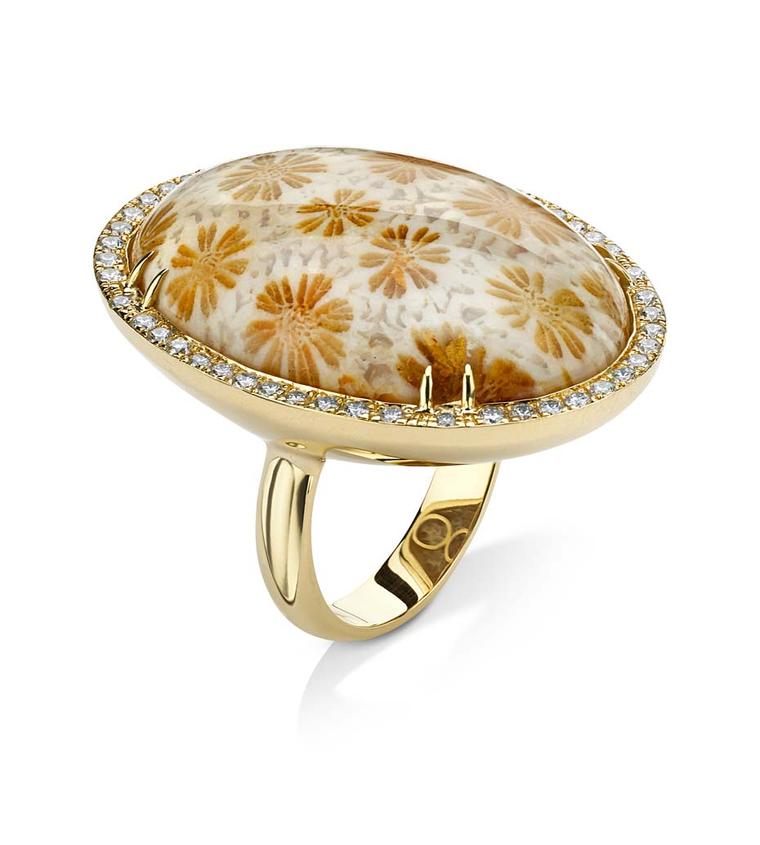 Pamela Huizenga gold ring with a 34.10ct fossilzed coral surrounded by a diamond pavé frame ($10,400).