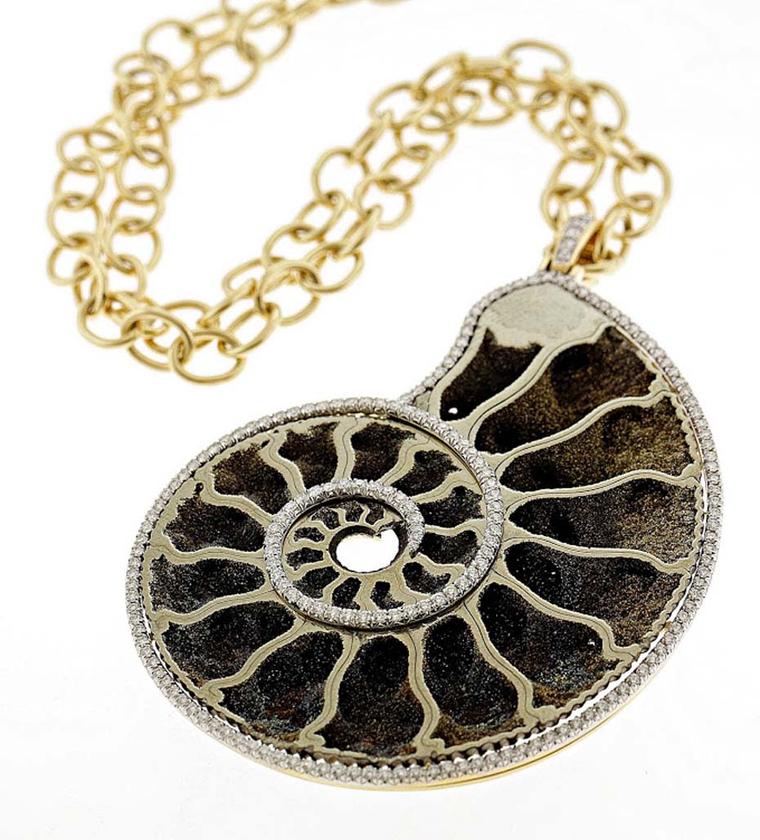 Pamela Huizenga gold pendant with a 111.71ct ammonite fossil in pyrite with an outline of pavé diamonds ($25,000).