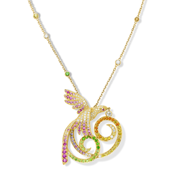 Van Cleef & Arpels Oiseaux de Paradis pendant in yellow gold with multi-coloured gemstones (£34,000).