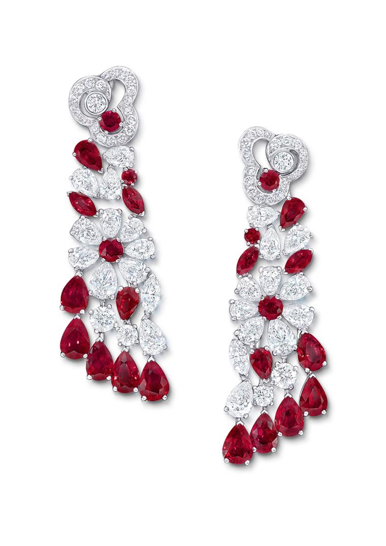 Graff Nuage collection drop earrings with rubies and diamonds in a minimal platinum setting.