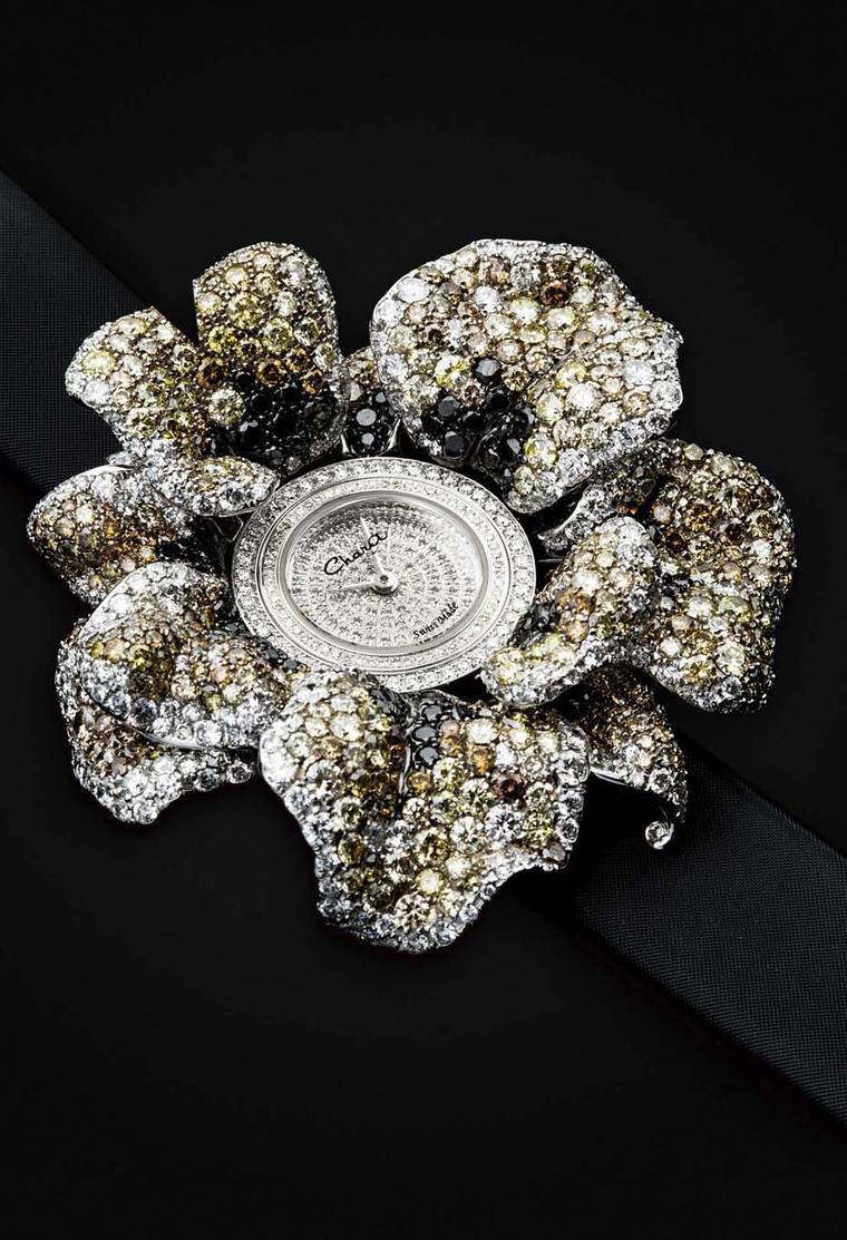 Chara Wen Life collection Flower watch featuring white, yellow and black diamonds.