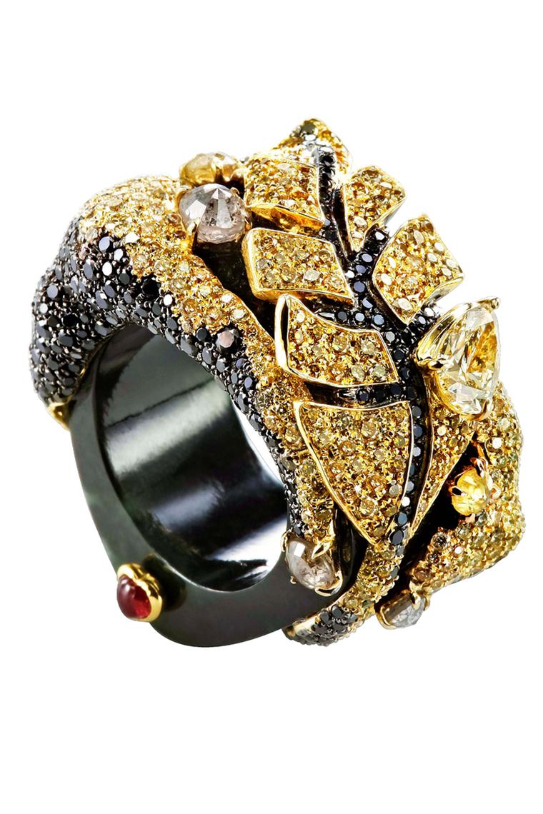Chara Wen Life collection ring with yellow and black diamonds on a black jade band.
