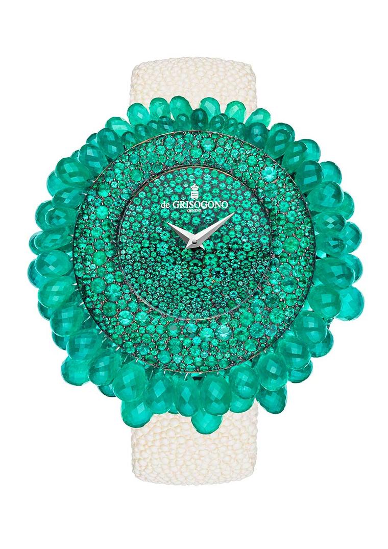 de GRISOGONO's Grappoli watch features emeralds that emanate from the centre of the watch, growing in size and spilling over the bezel in clusters.
