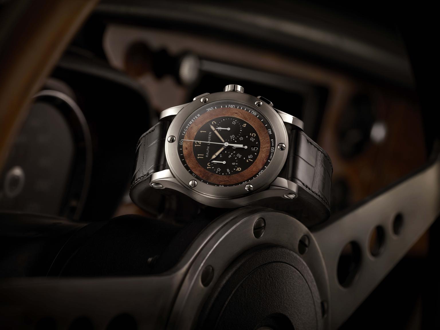The sleek 45mm steel case of the Ralph Lauren Automotive Chronograph has been polished and brushed to a smooth matte finish and flaunts a sporty touch with the six exposed screws on the bezel. The screws replicate the original ones used on the hub that se