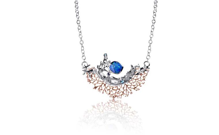 Keiko Uno Coral Garden necklace with opals, blue sapphires and blue topaz.