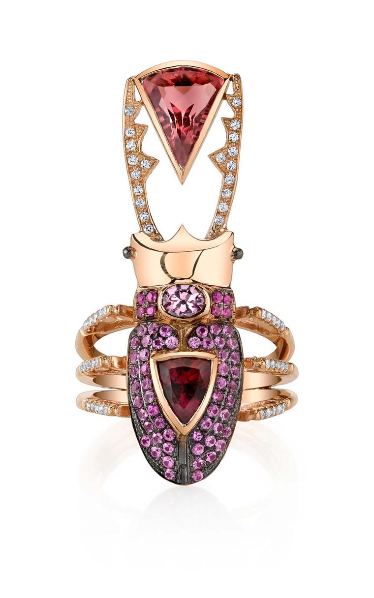 Daniela Villegas rose gold Flora ring with diamonds, pink sapphires and pink tourmalines.