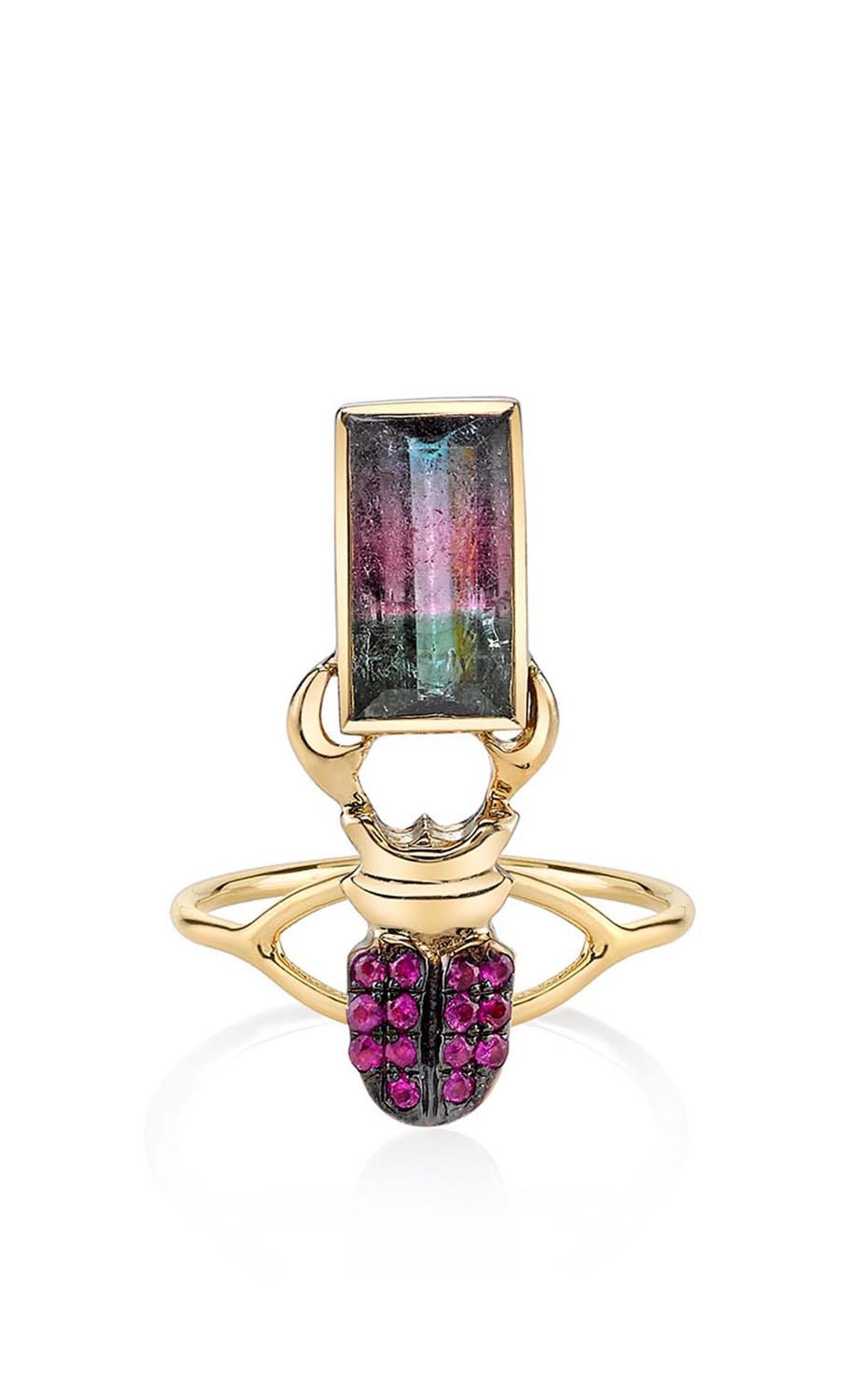 Daniela Villegas yellow gold Khepri ring with spinel.