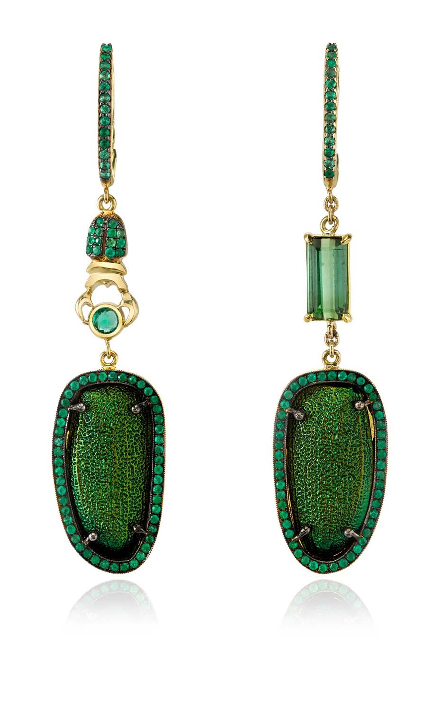 Daniela Villegas The Emerald City earrings, with chrysophora chrysochlora eytra, emeralds and green tourmaline, inspired by The Wizard of Oz, one of Daniela’s favourite books.