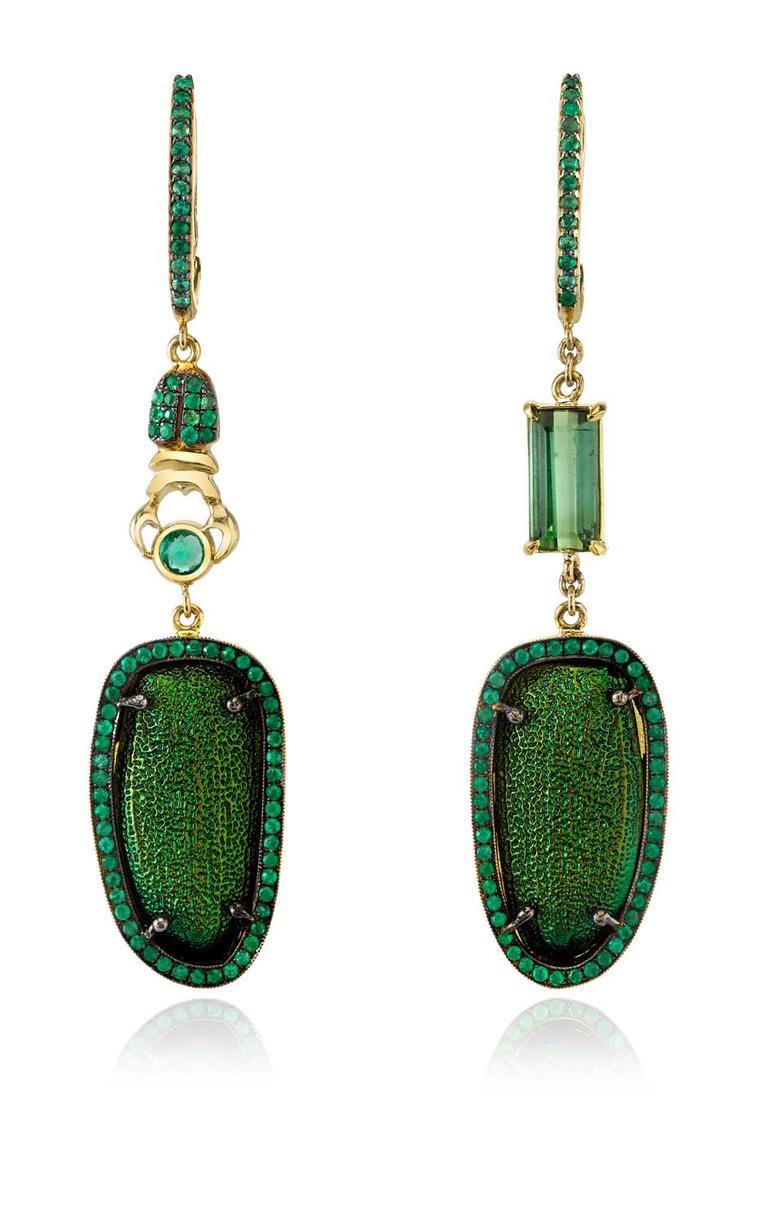 Daniela Villegas The Emerald City earrings, with chrysophora chrysochlora eytra, emeralds and green tourmaline, inspired by The Wizard of Oz, one of Daniela’s favourite books.