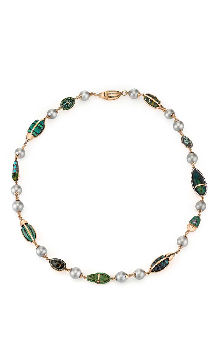 Daniela Villegas gold Heirloom necklace with alexandrite, white diamonds, emeralds, tsavorites, blue sapphires, garnet, South Sea pearls and turquoise.