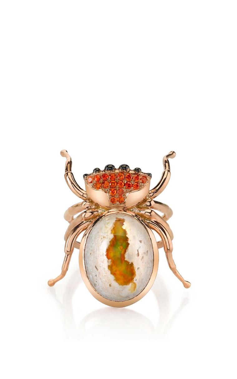 Daniela Villegas rose gold Spider ring with spessartite garnet and Mexican opal.