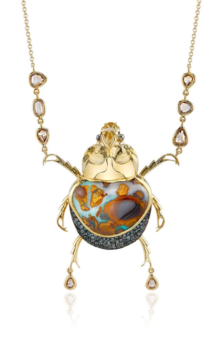 Daniela Villegas yellow gold Surfer necklace with garnet, champagne diamonds and a 27.12ct opal.