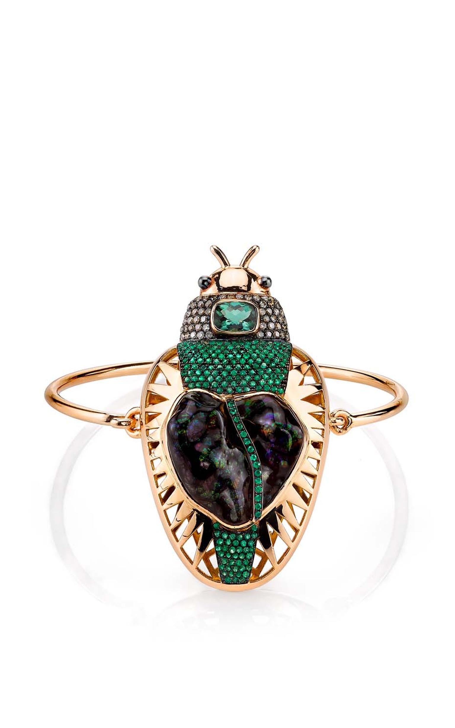 Daniela Villegas rose gold Zeus bracelet with champagne diamonds, a 21.48ct fire agate, emeralds and green tourmalines.