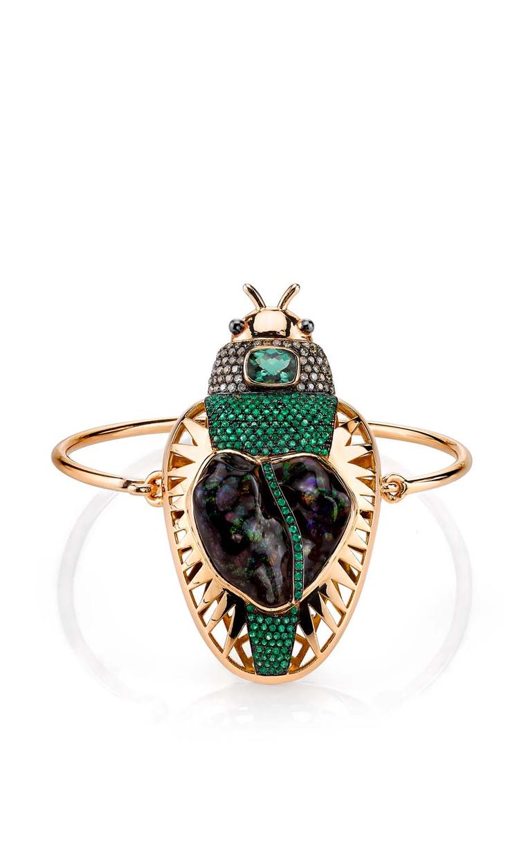 Daniela Villegas rose gold Zeus bracelet with champagne diamonds, a 21.48ct fire agate, emeralds and green tourmalines.