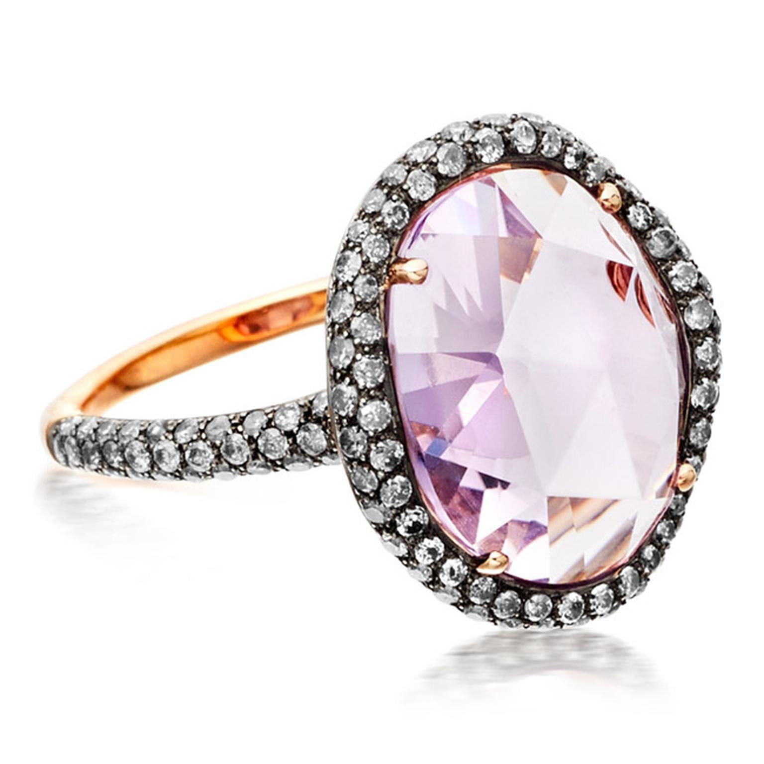 Astley Clark medium Fao ring featuring a central Rose de France amethyst and molten pavé diamonds.