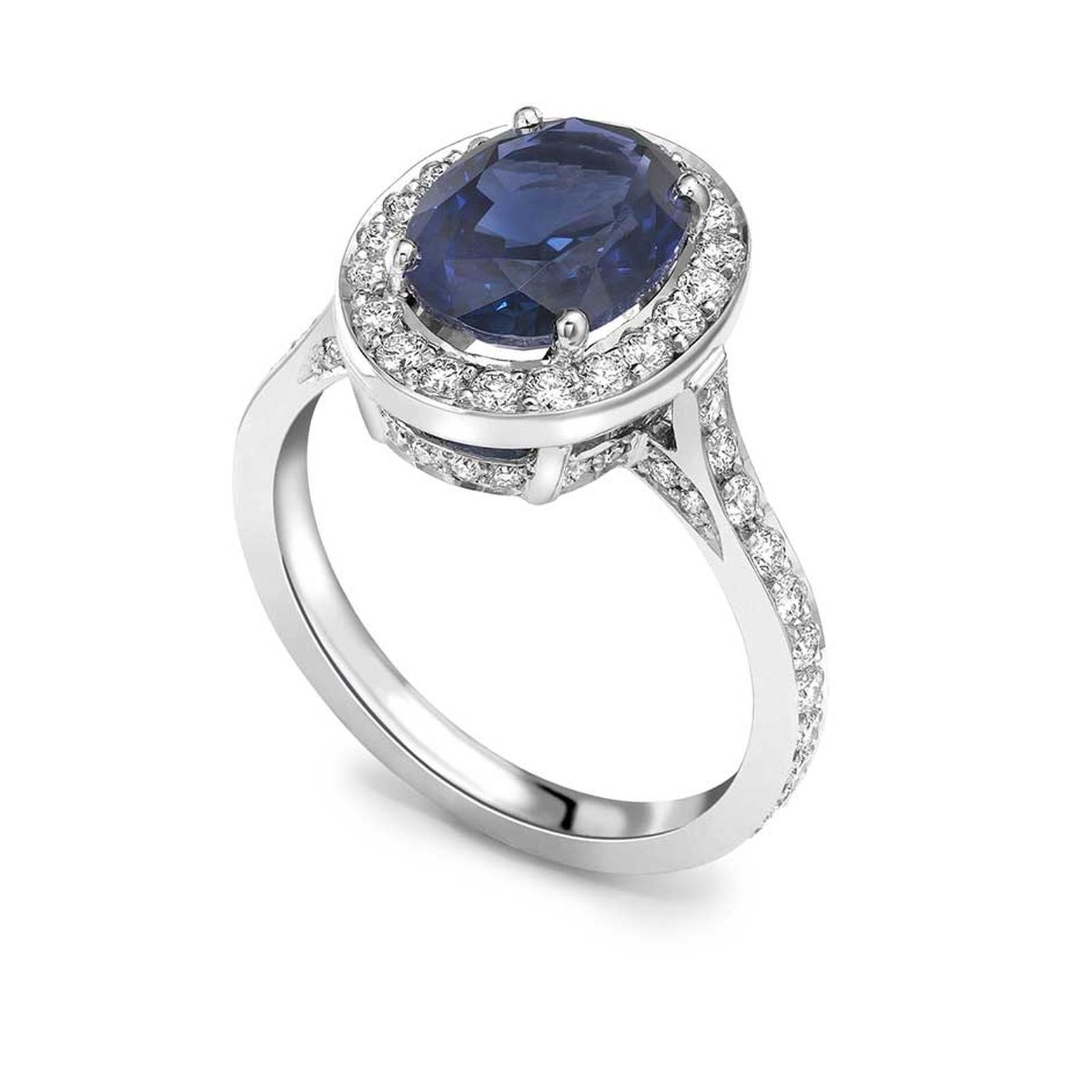 Theo Fennell sapphire engagement ring in white gold, set with a 2.82ct natural oval sapphire and pavé diamonds (£9,250).